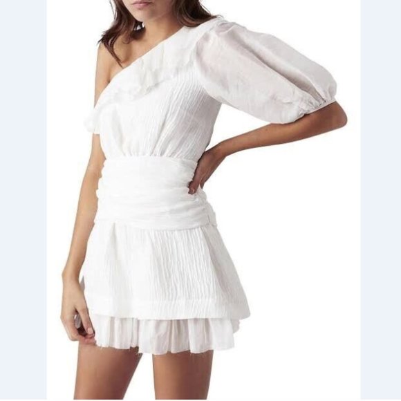 Aje Dresses & Skirts - Aje Elvire Silk White Mini Dress Size 8 One Shoulder Ruffle Short Formal Party